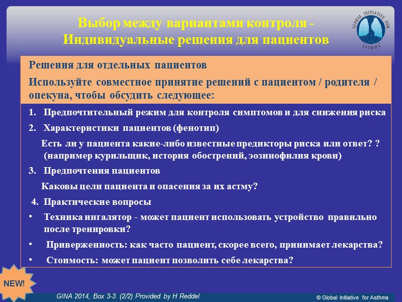 Выбор между вариантами контроля - Индивидуальные решения для пациентов GINA 2014, Box 3-3 